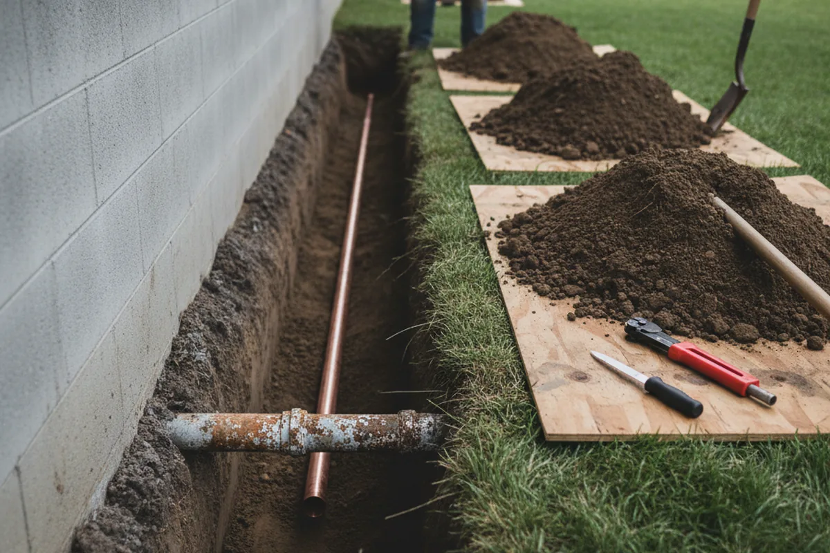 Excavated water line trench during Sewer Line Repair in Tangier